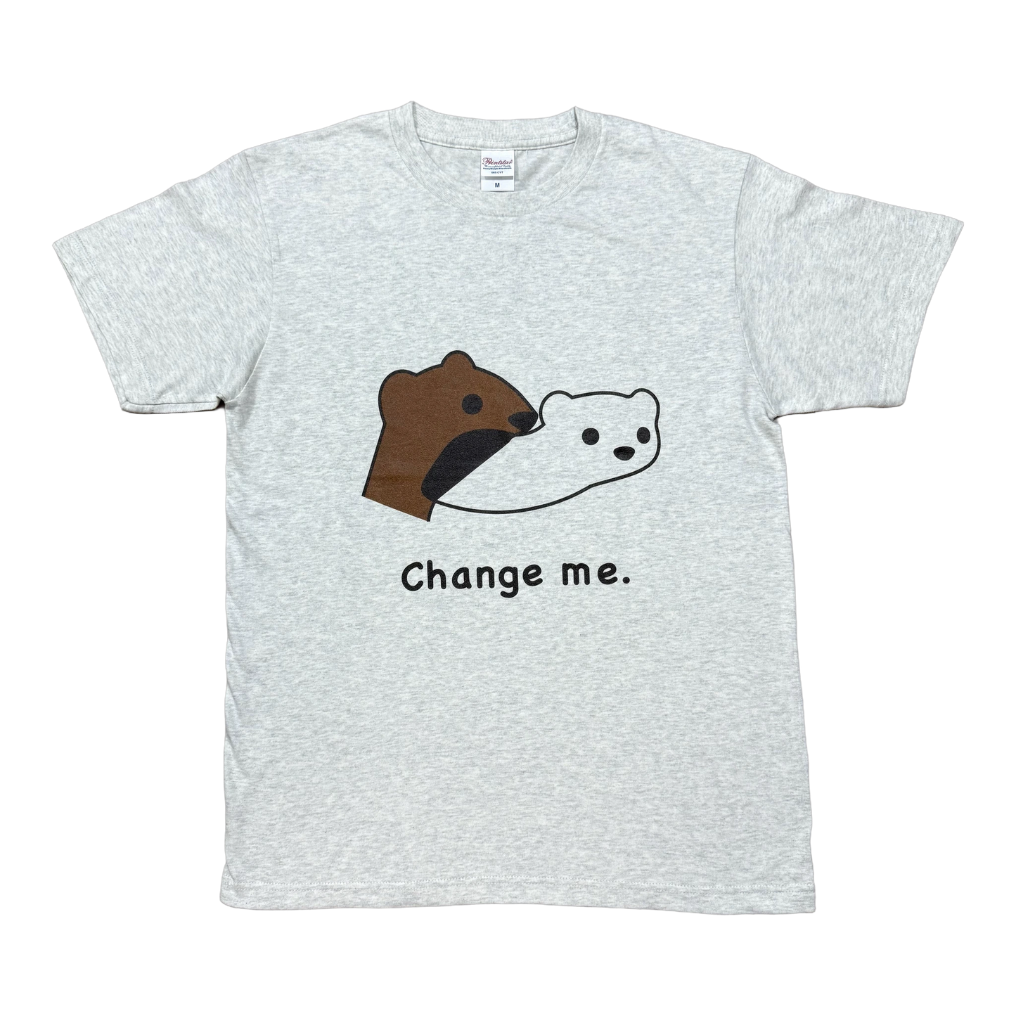 夏毛と冬毛のおこじょ(オコジョ)をプリントしたTシャツ「Change me.」杢グレー|okojoya