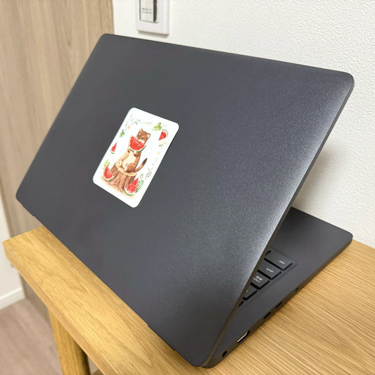 ノートパソコンに貼ったスイカのオコジョ防水ステッカーの使用イメージ
