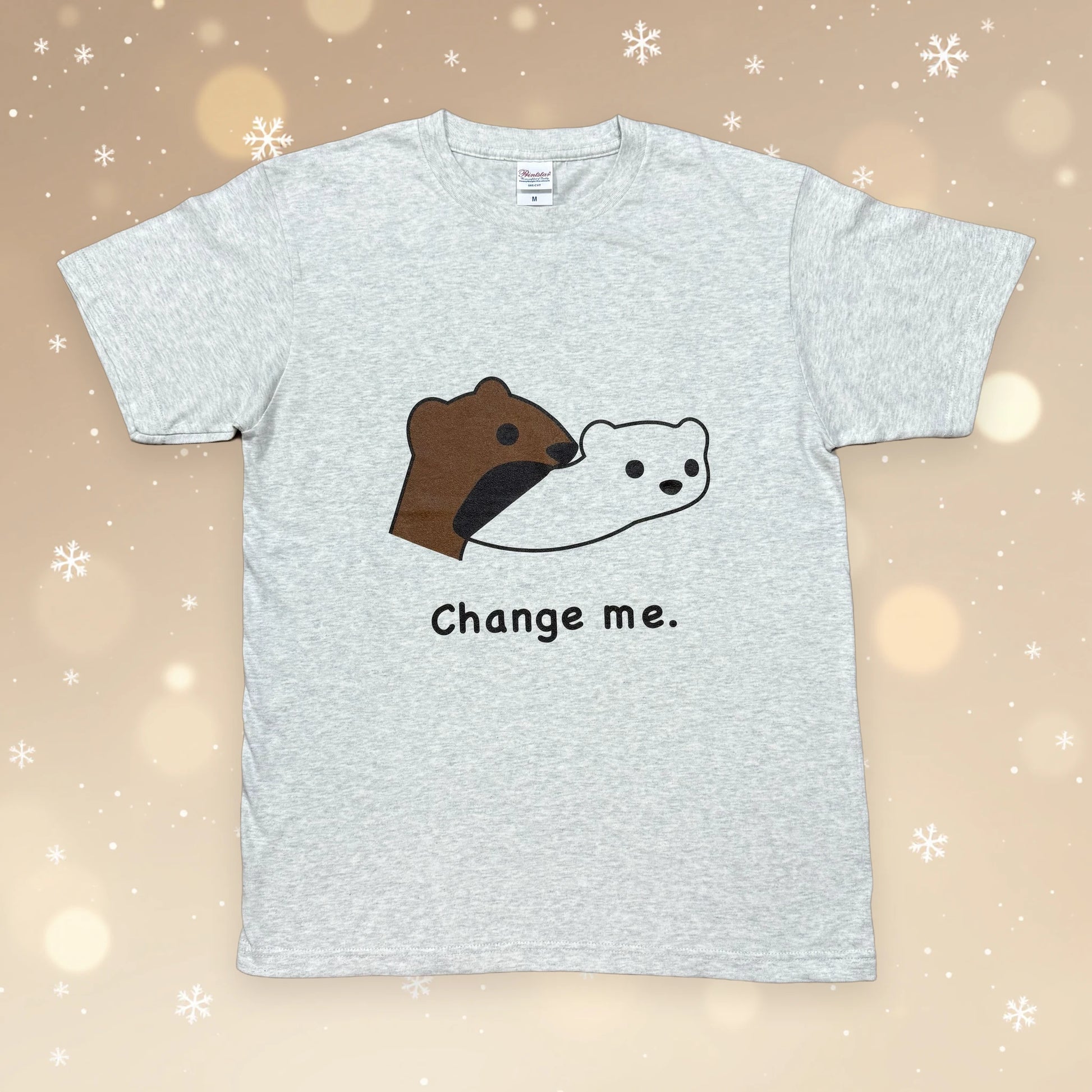 夏毛と冬毛のおこじょ（オコジョ）をプリントしたTシャツ「Change me.」杢グレー｜okojoya